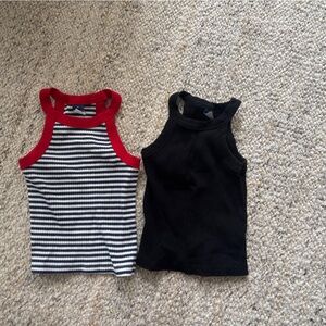 Old Navy Girls Black Ribbed Tank & Navy Stripe Tank with Red Trim - 2 Pack